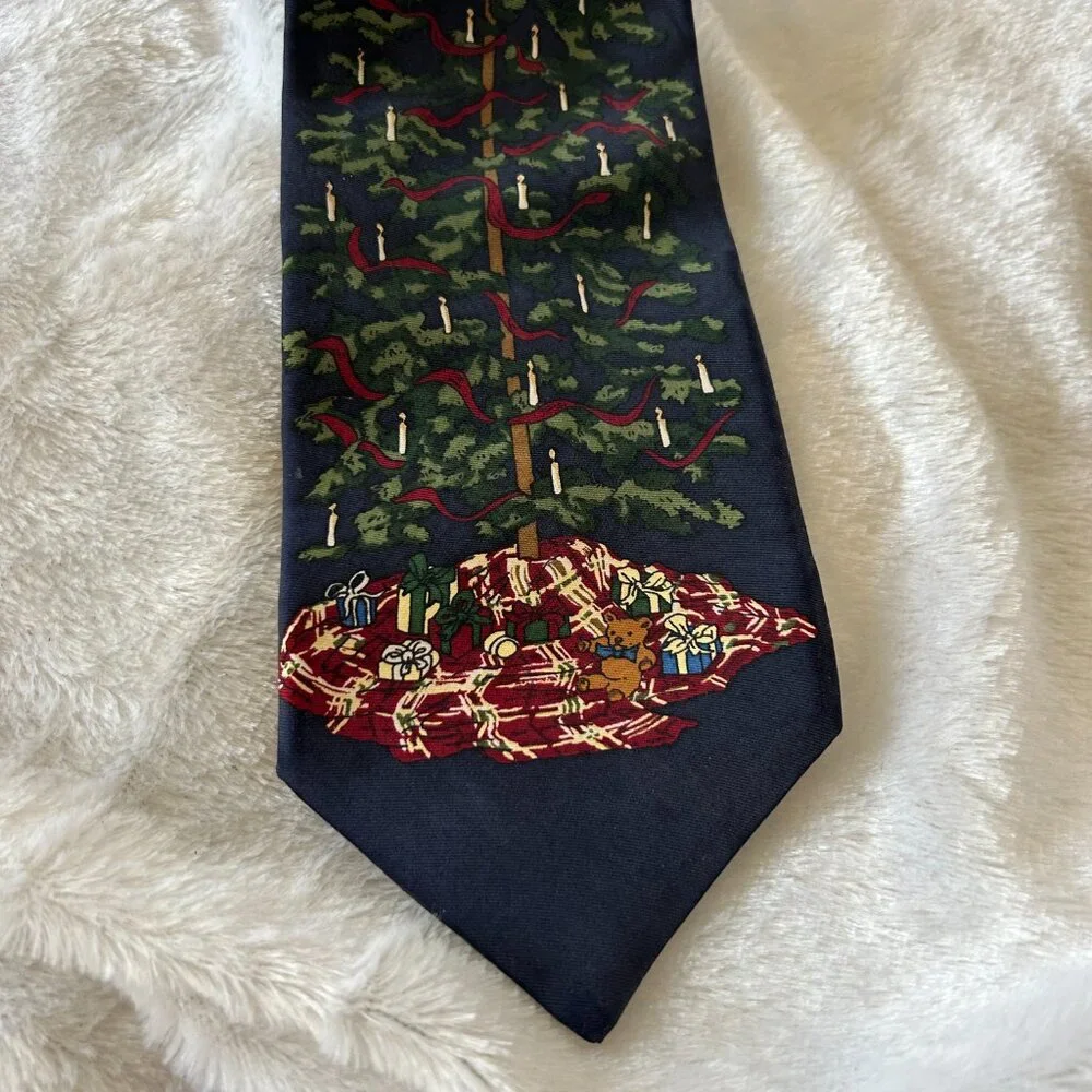 Britches Great Outdoors VTG Christmas Tree Tie Silk Blue Mens Holiday Teddy Bear